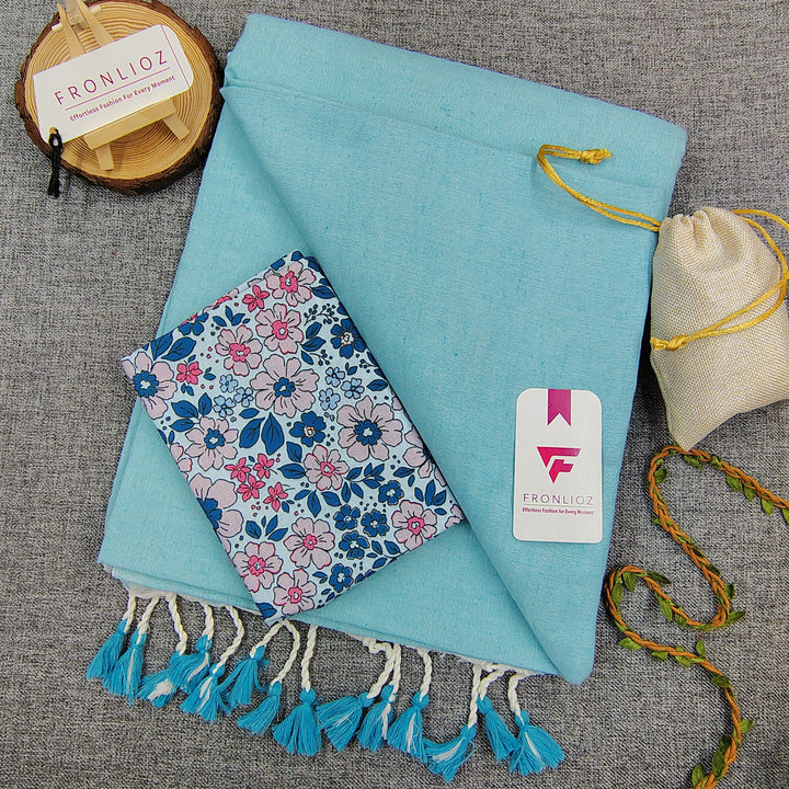 Sky Handloom Cotton Saree With Tassels & Printed Blouse-Fronlioz