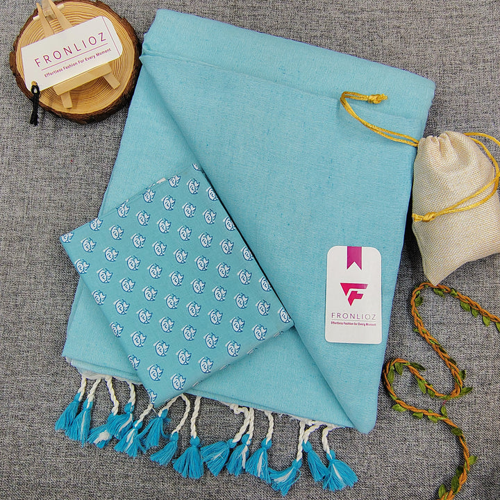 Sky Handloom Cotton Saree With Tassels & Printed Blouse-Fronlioz