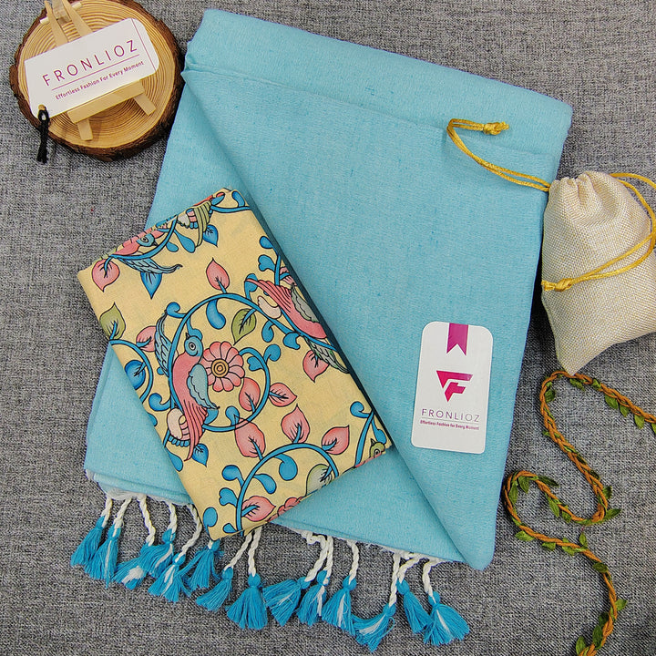 Sky Handloom Cotton Saree With Tassels & Printed Blouse-Fronlioz