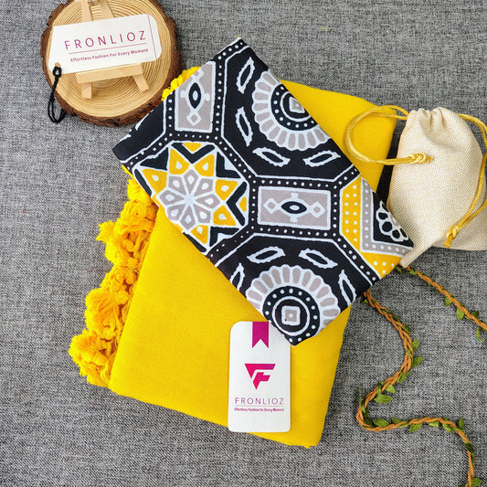 Yellow Handloom Cotton Saree With Tassels & Printed Blouse-Fronlioz