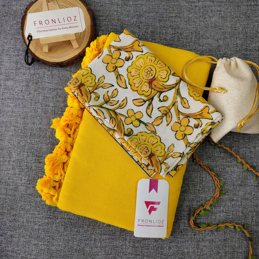 Yellow Handloom Cotton Saree With Tassels & Printed Blouse-Fronlioz