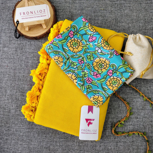 Yellow Handloom Cotton Saree With Tassels & Printed Blouse-Fronlioz