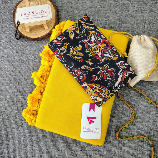 Yellow Handloom Cotton Saree With Tassels & Printed Blouse-Fronlioz
