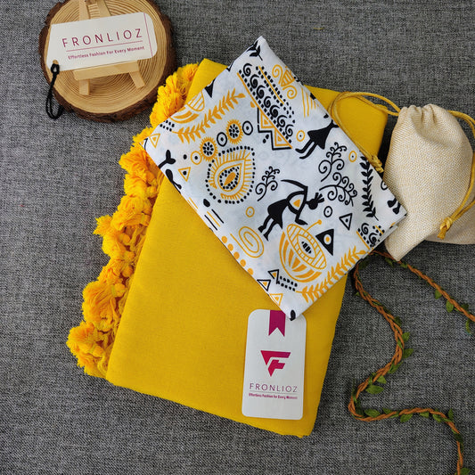 Yellow Handloom Cotton Saree With Tassels & Printed Blouse-Fronlioz