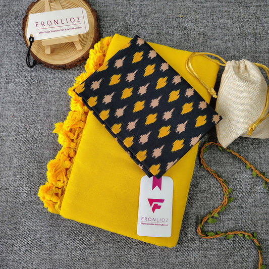 Yellow Handloom Cotton Saree With Tassels & Printed Blouse-Fronlioz