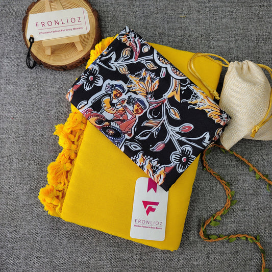 Yellow Handloom Cotton Saree With Tassels & Printed Blouse-Fronlioz
