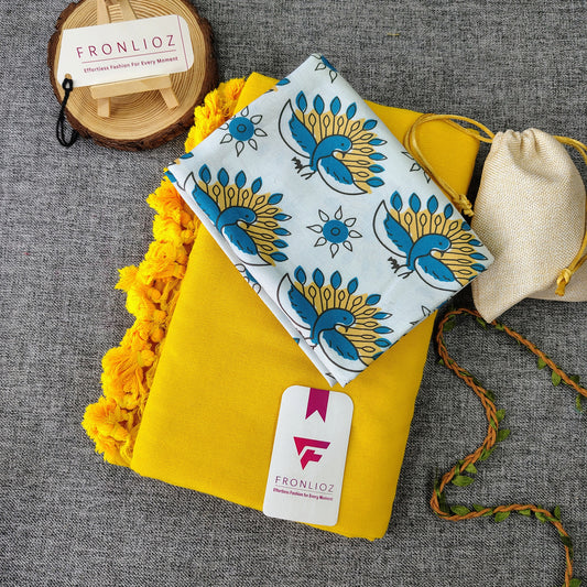 Yellow Handloom Cotton Saree With Tassels & Printed Blouse-Fronlioz