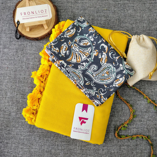 Yellow Handloom Cotton Saree With Tassels & Printed Blouse-Fronlioz