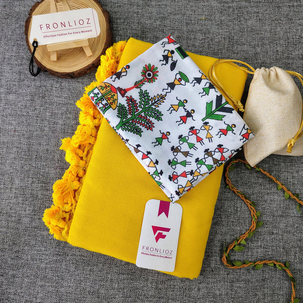 Yellow Handloom Cotton Saree With Tassels & Printed Blouse-Fronlioz