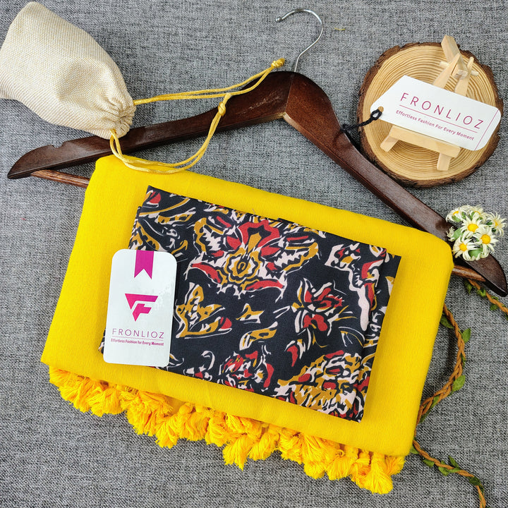 Yellow Handloom Cotton Saree With Tassels & Printed Blouse-Fronlioz