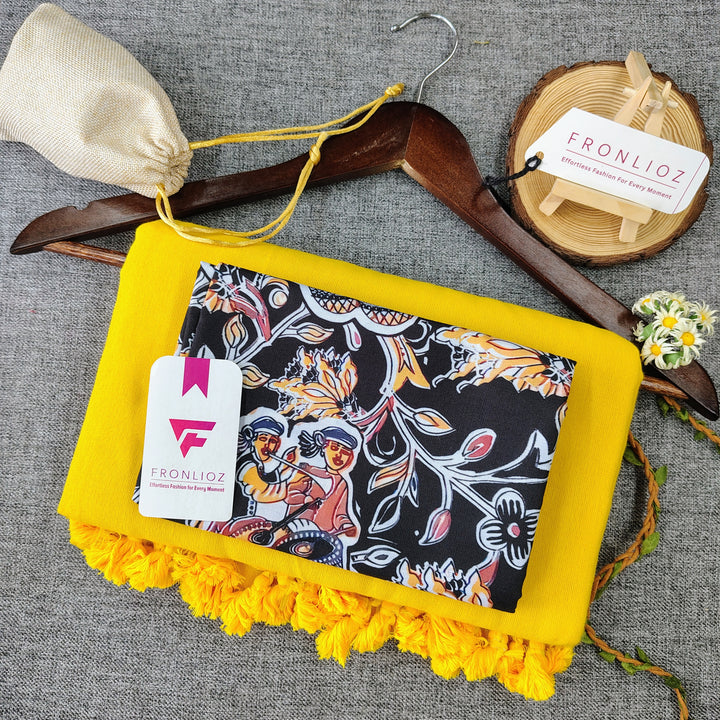 Yellow Handloom Cotton Saree With Tassels & Printed Blouse-Fronlioz