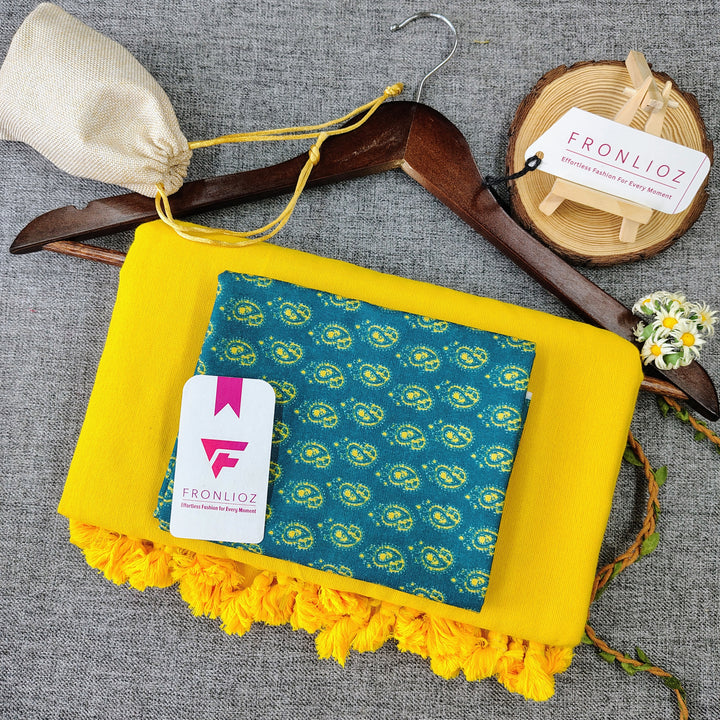 Yellow Handloom Cotton Saree With Tassels & Printed Blouse-Fronlioz