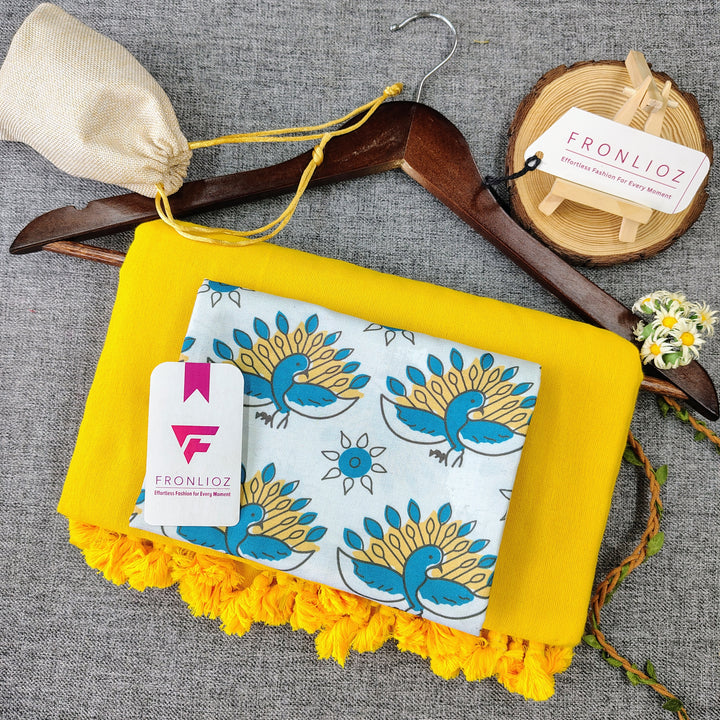 Yellow Handloom Cotton Saree With Tassels & Printed Blouse-Fronlioz