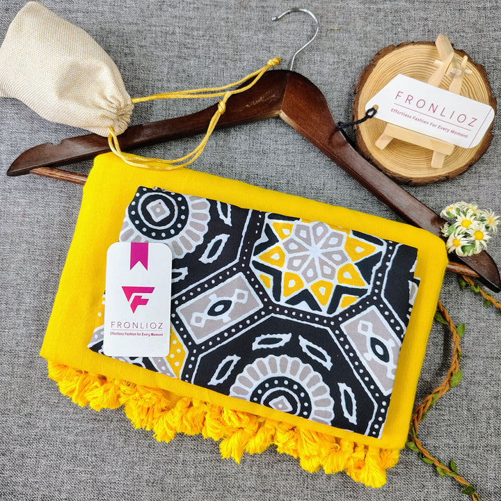 Yellow Handloom Cotton Saree With Tassels & Printed Blouse-Fronlioz