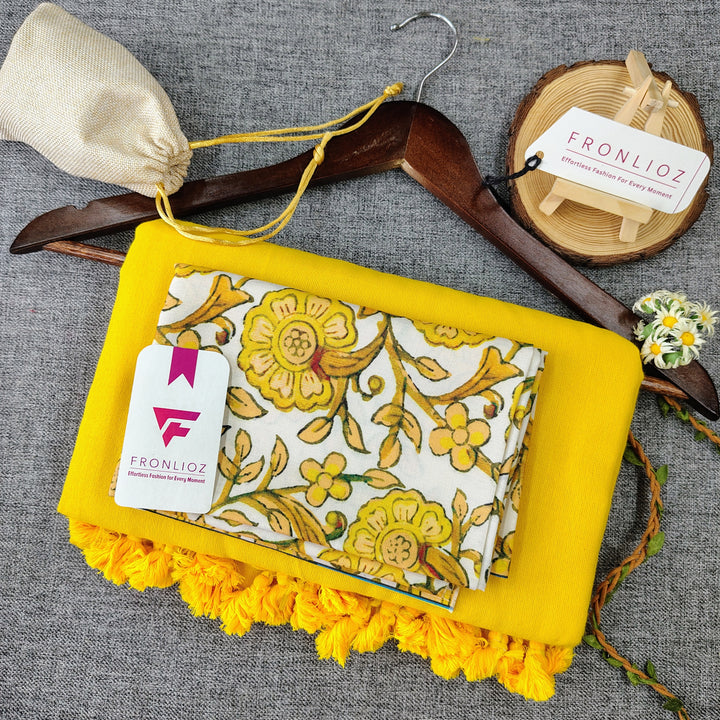 Yellow Handloom Cotton Saree With Tassels & Printed Blouse-Fronlioz