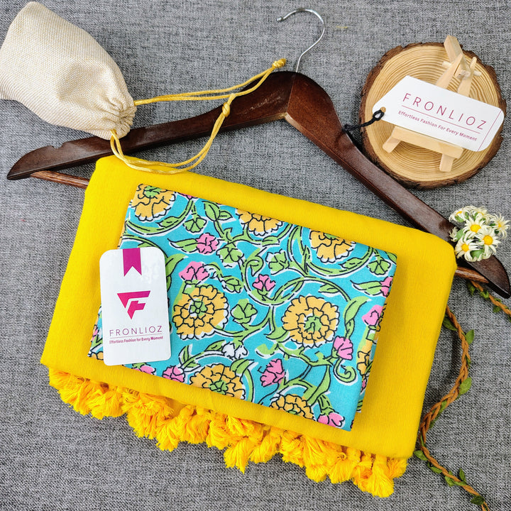 Yellow Handloom Cotton Saree With Tassels & Printed Blouse-Fronlioz