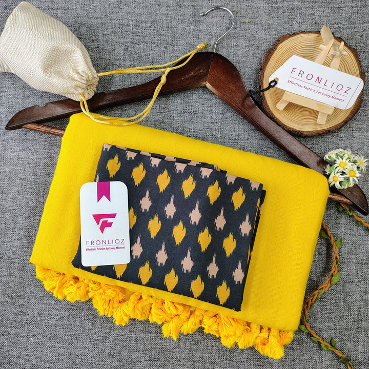 Yellow Handloom Cotton Saree With Tassels & Printed Blouse-Fronlioz