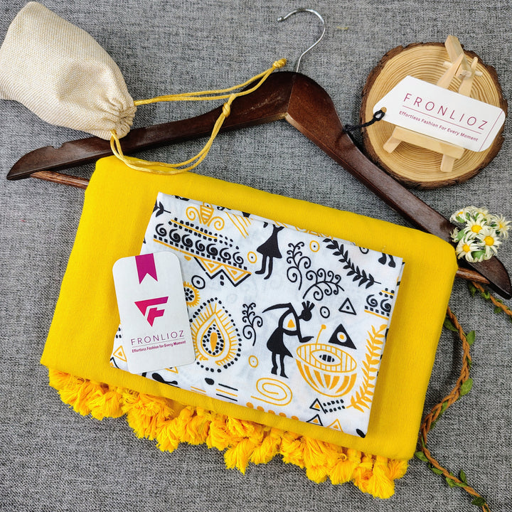 Yellow Handloom Cotton Saree With Tassels & Printed Blouse-Fronlioz