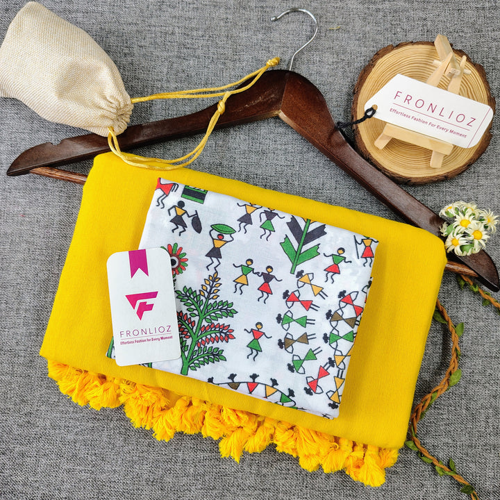Yellow Handloom Cotton Saree With Tassels & Printed Blouse-Fronlioz