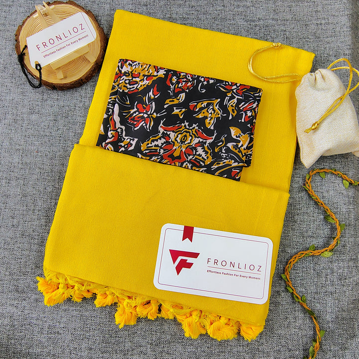 Yellow Handloom Cotton Saree With Tassels & Printed Blouse-Fronlioz