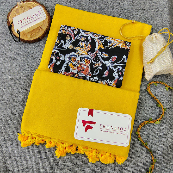 Yellow Handloom Cotton Saree With Tassels & Printed Blouse-Fronlioz