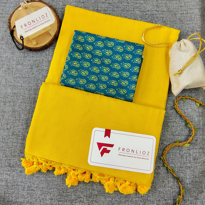 Yellow Handloom Cotton Saree With Tassels & Printed Blouse-Fronlioz