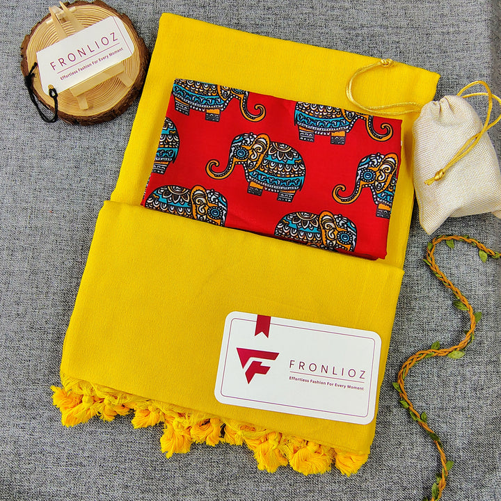 Yellow Handloom Cotton Saree With Tassels & Printed Blouse-Fronlioz
