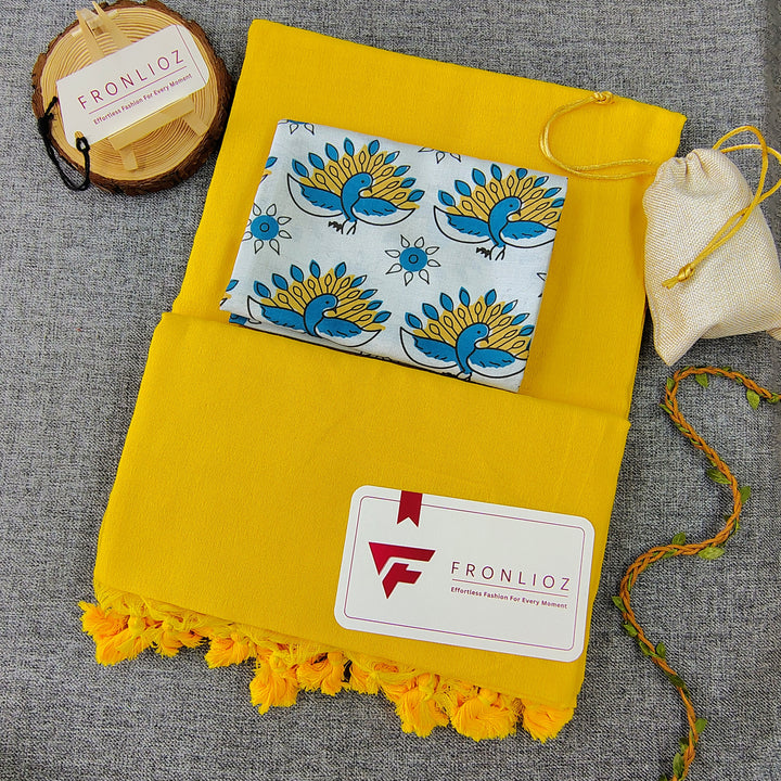Yellow Handloom Cotton Saree With Tassels & Printed Blouse-Fronlioz