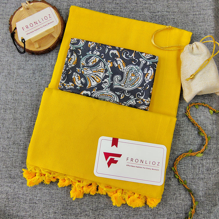 Yellow Handloom Cotton Saree With Tassels & Printed Blouse-Fronlioz