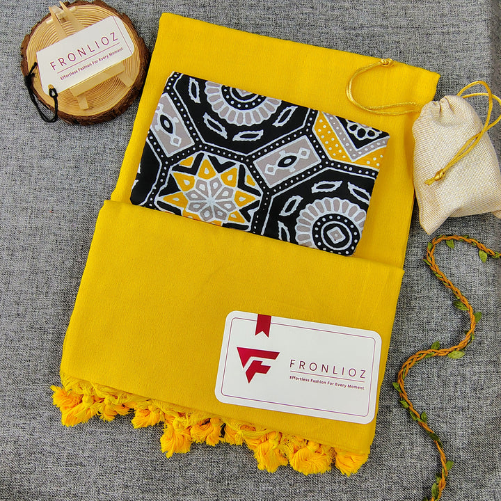 Yellow Handloom Cotton Saree With Tassels & Printed Blouse-Fronlioz