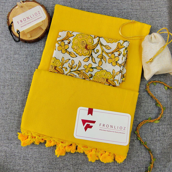 Yellow Handloom Cotton Saree With Tassels & Printed Blouse-Fronlioz