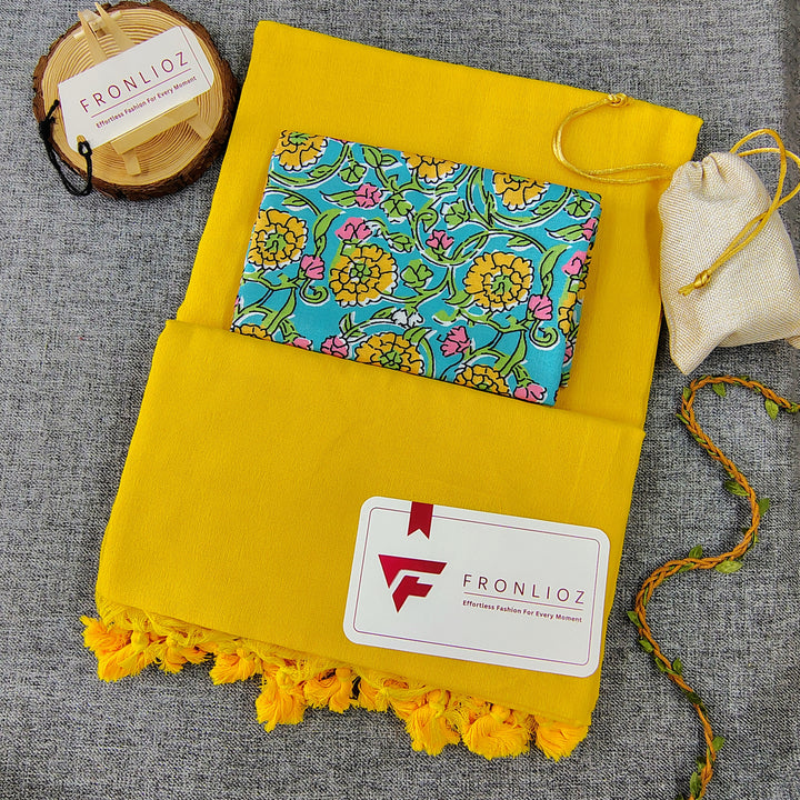 Yellow Handloom Cotton Saree With Tassels & Printed Blouse-Fronlioz