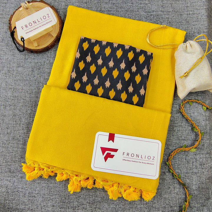 Yellow Handloom Cotton Saree With Tassels & Printed Blouse-Fronlioz