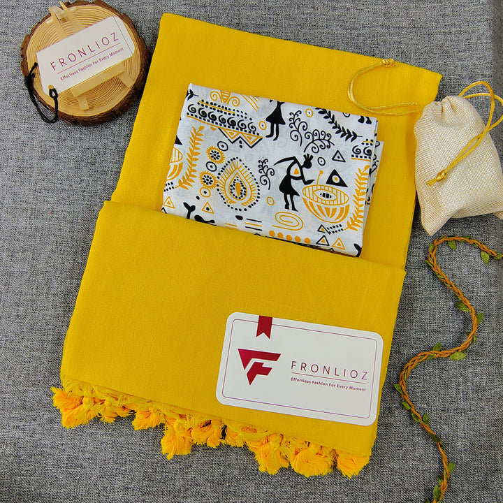 Yellow Handloom Cotton Saree With Tassels & Printed Blouse-Fronlioz
