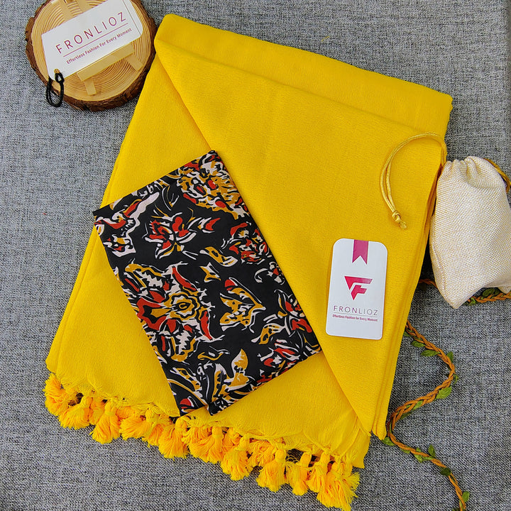 Yellow Handloom Cotton Saree With Tassels & Printed Blouse-Fronlioz