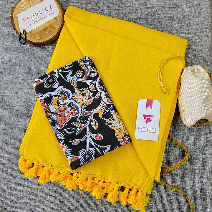 Yellow Handloom Cotton Saree With Tassels & Printed Blouse-Fronlioz