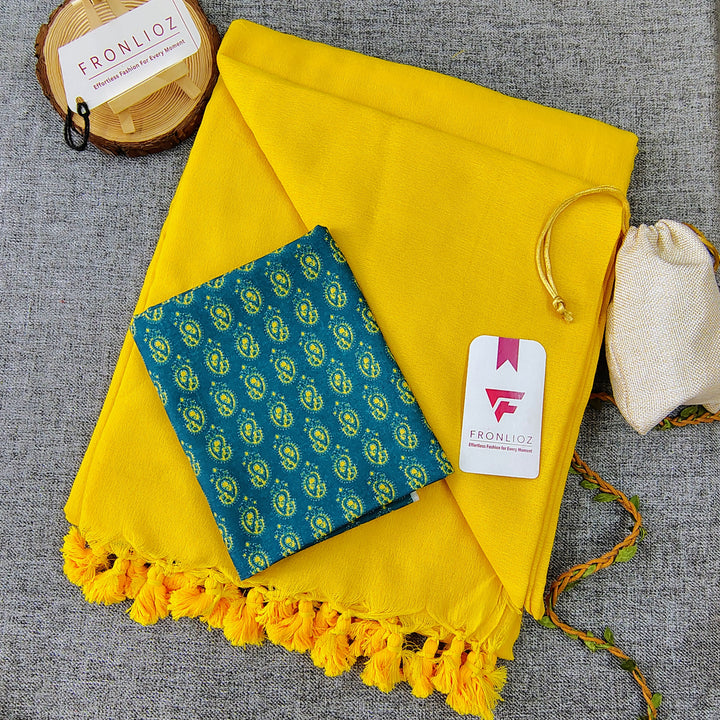 Yellow Handloom Cotton Saree With Tassels & Printed Blouse-Fronlioz