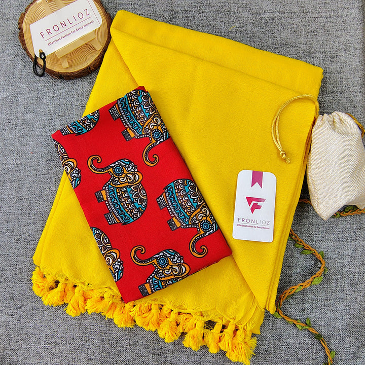 Yellow Handloom Cotton Saree With Tassels & Printed Blouse-Fronlioz