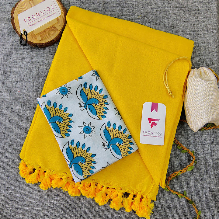 Yellow Handloom Cotton Saree With Tassels & Printed Blouse-Fronlioz