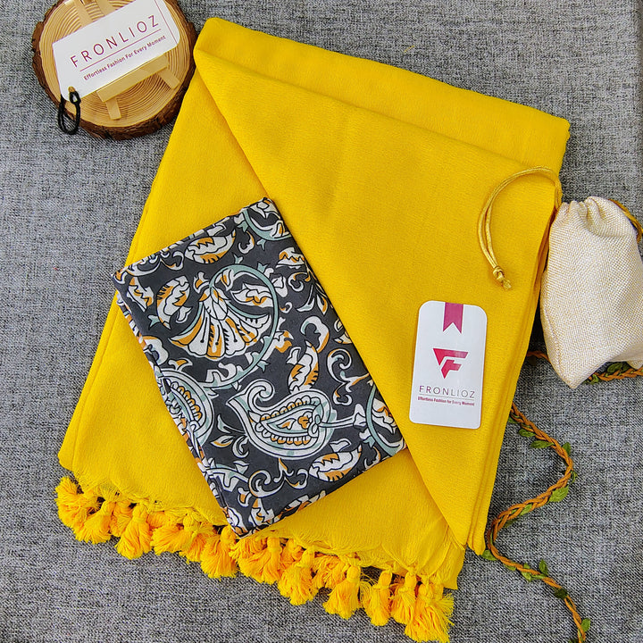 Yellow Handloom Cotton Saree With Tassels & Printed Blouse-Fronlioz