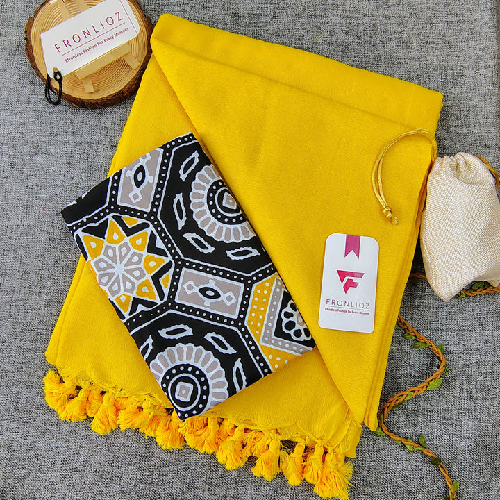 Yellow Handloom Cotton Saree With Tassels & Printed Blouse-Fronlioz