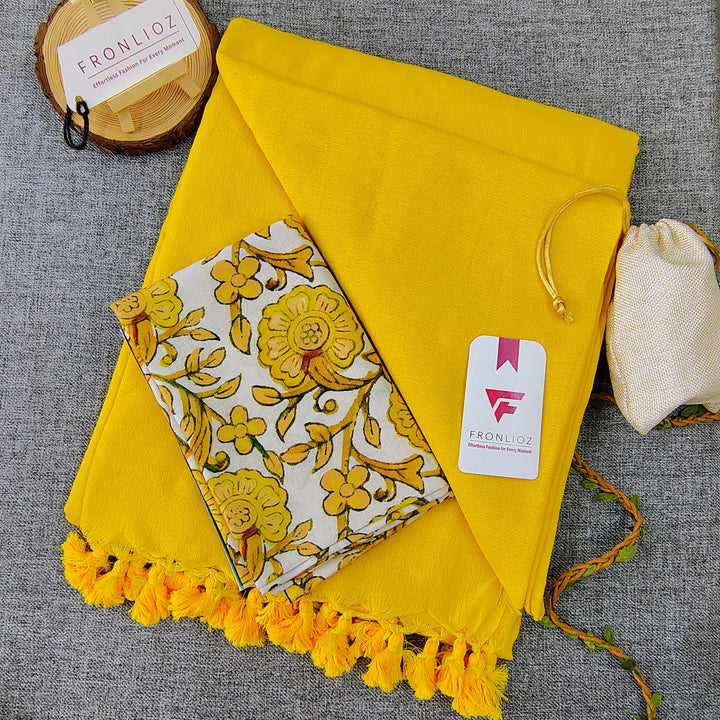 Yellow Handloom Cotton Saree With Tassels & Printed Blouse-Fronlioz