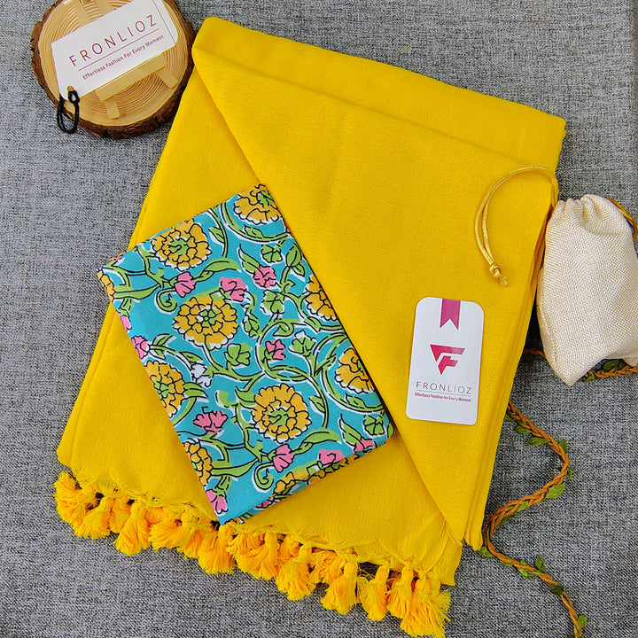 Yellow Handloom Cotton Saree With Tassels & Printed Blouse-Fronlioz