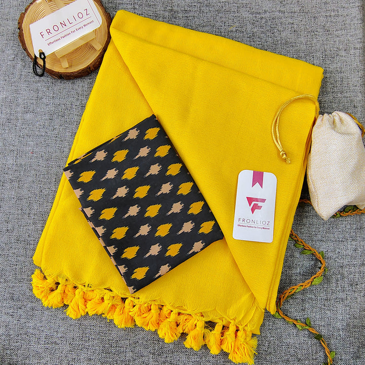 Yellow Handloom Cotton Saree With Tassels & Printed Blouse-Fronlioz
