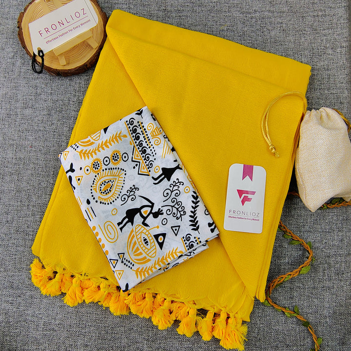 Yellow Handloom Cotton Saree With Tassels & Printed Blouse-Fronlioz