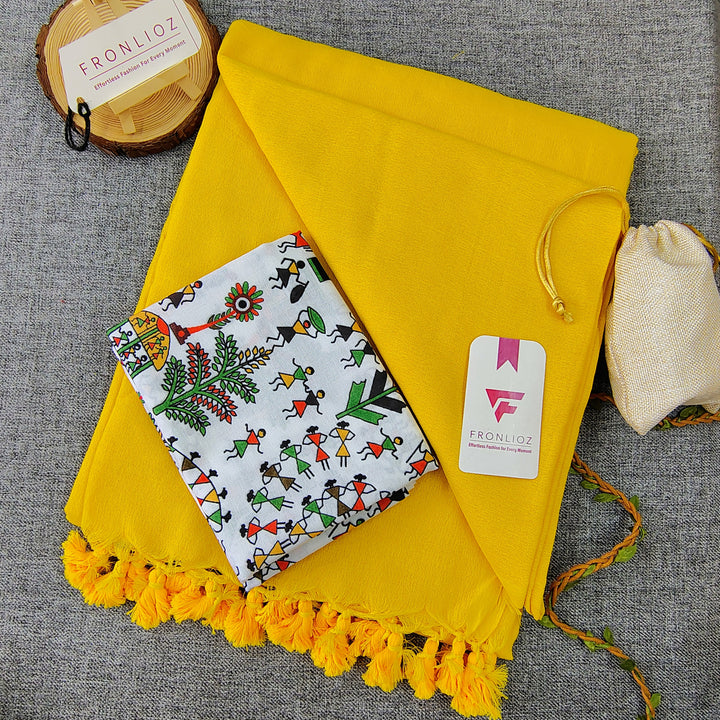 Yellow Handloom Cotton Saree With Tassels & Printed Blouse-Fronlioz