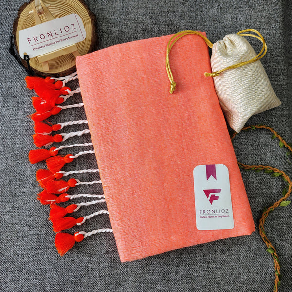 Orange Handloom Cotton Saree With PomPom-Fronlioz