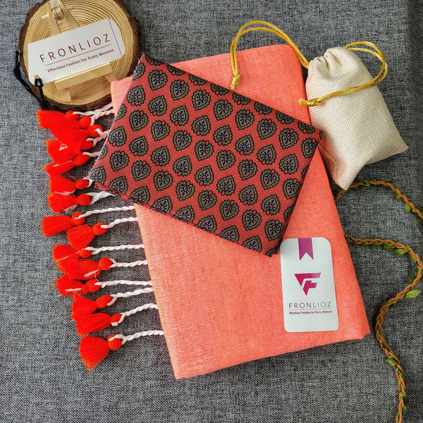 Orange Handloom Cotton Saree With Tassels & Printed Blouse-Fronlioz