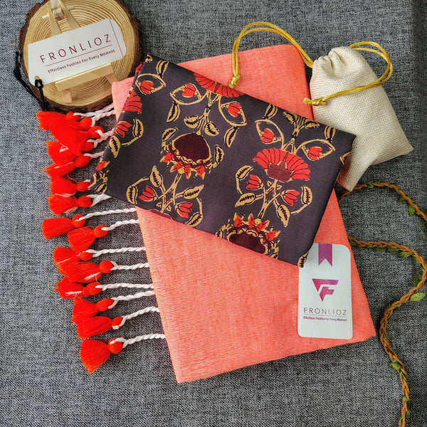 Orange Handloom Cotton Saree With Tassels & Printed Blouse-Fronlioz