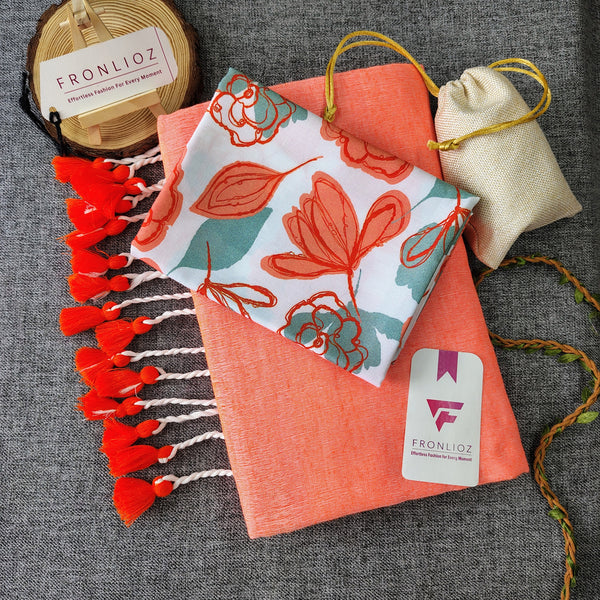 Orange Handloom Cotton Saree With Tassels & Printed Blouse-Fronlioz